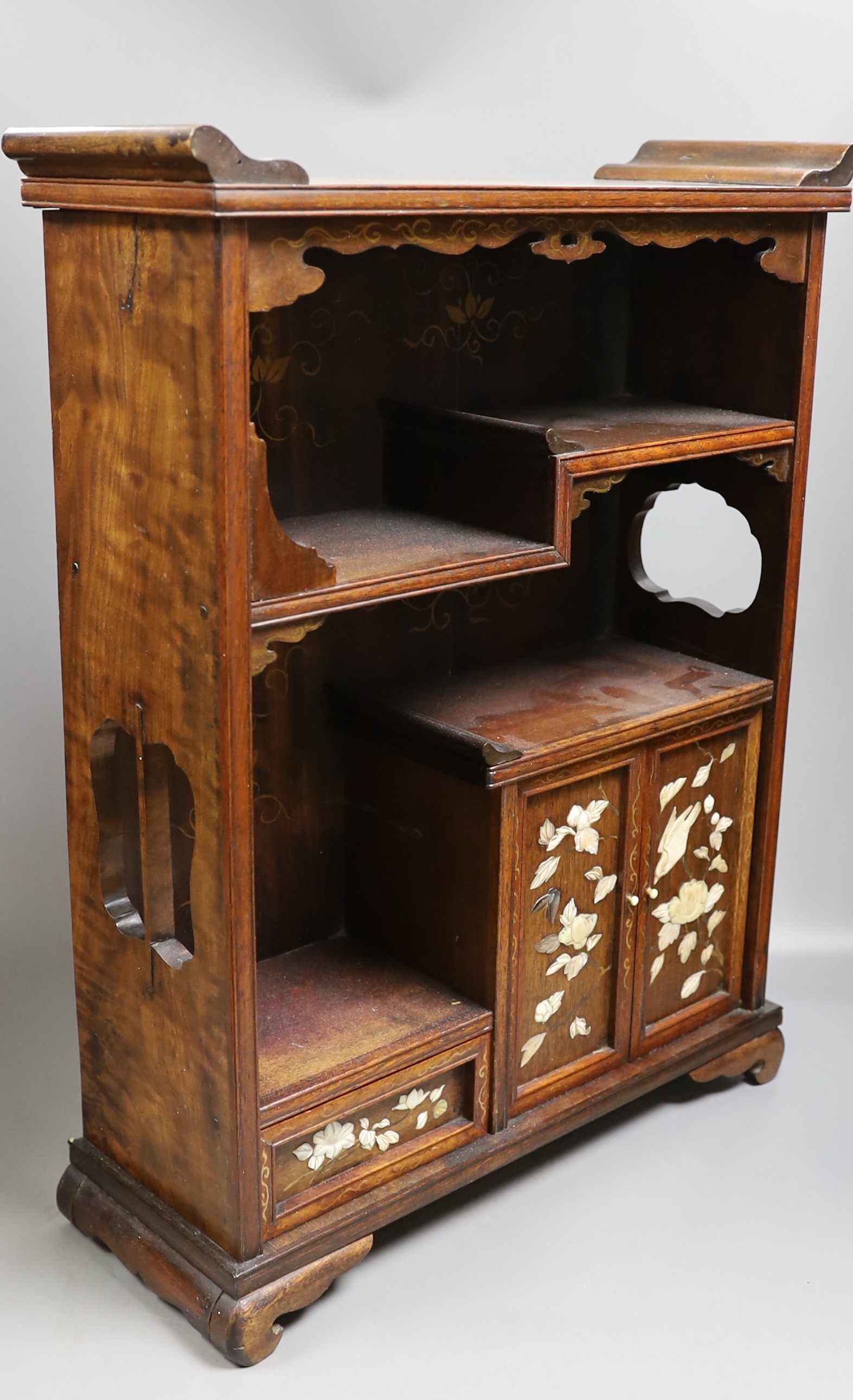 A Japanese hardwood and Shibayma decorated table cabinet, Meiji period, 56cm